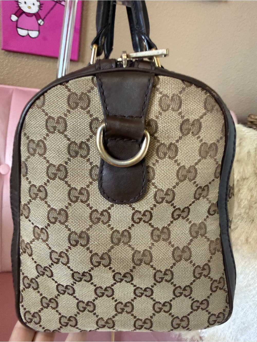 💯Auth! GUCCI Mono Canvas Boston Bag Green & Red Web Sherry Stripe Gold Hardware - Picture 4 of 17
